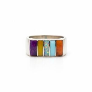 Zuni Vintage Inlay 925 Silver Band Ring Conch Oyster Opal & Turquoise